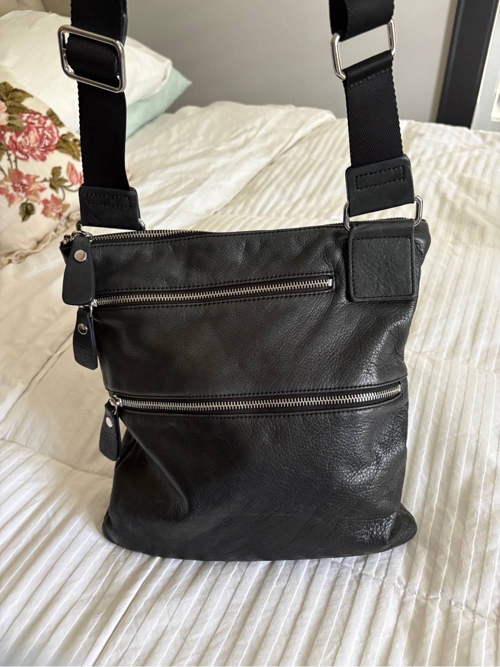 Margot Black Genuine Leather Crossbody Triple Zipper Bag